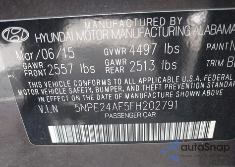 2015 Hyundai Sonata Se z USA, uszkodzony, nr VIN 5NPE24AF5FH202791